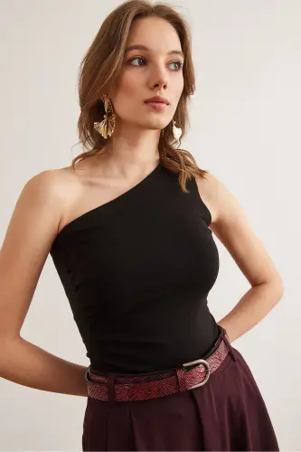 Woman Black Drape Detailed One Shoulder Soft Touch Stretch - 5
