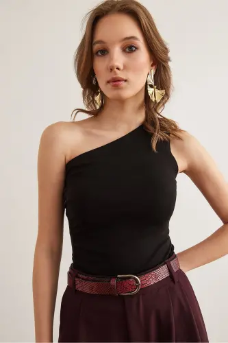 Woman Black Drape Detailed One Shoulder Soft Touch Stretch - 6