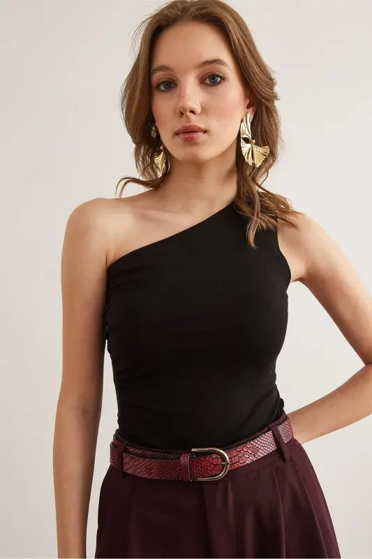 Woman Black Drape Detailed One Shoulder Soft Touch Stretch - 6