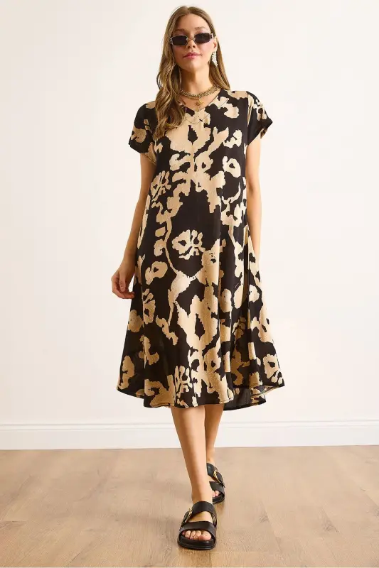 Woman Black Ecru V Neck Patterned Woven Viscose Midi Flared Dress ELB-19002443-Black Ecru - OLALOOK