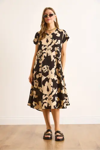 Woman Black Ecru V Neck Patterned Woven Viscose Midi Flared Dress ELB-19002443-Black Ecru - OLALOOK (1)