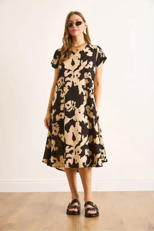 Woman Black Ecru V Neck Patterned Woven Viscose Midi Flared Dress ELB-19002443-Black Ecru - 2