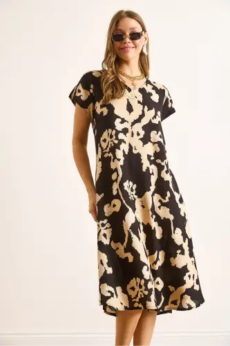 Woman Black Ecru V Neck Patterned Woven Viscose Midi Flared Dress ELB-19002443-Black Ecru - 3