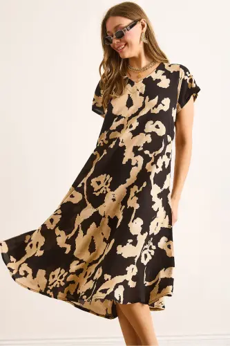 Woman Black Ecru V Neck Patterned Woven Viscose Midi Flared Dress ELB-19002443-Black Ecru - 4