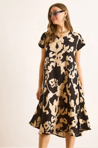 Woman Black Ecru V Neck Patterned Woven Viscose Midi Flared Dress ELB-19002443-Black Ecru - 5