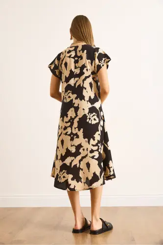 Woman Black Ecru V Neck Patterned Woven Viscose Midi Flared Dress ELB-19002443-Black Ecru - 6