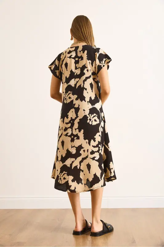 Woman Black Ecru V Neck Patterned Woven Viscose Midi Flared Dress ELB-19002443-Black Ecru - 6