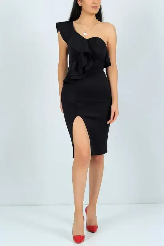 Woman Black Flexible Fabric One Shoulder And Slit Detailed Evening Dress-BLACK MIDI LENGTH - LOVEBOX