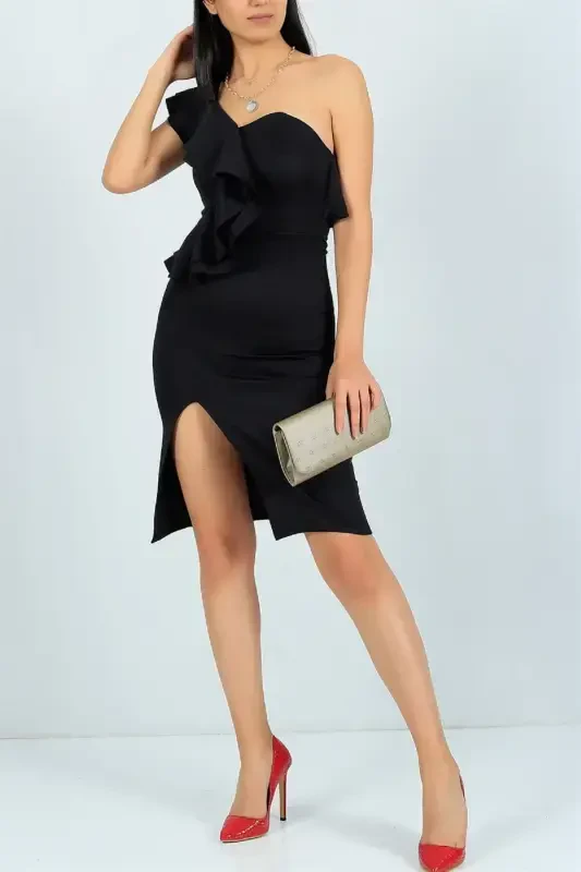 Woman Black Flexible Fabric One Shoulder And Slit Detailed Evening Dress-BLACK MIDI LENGTH - 3