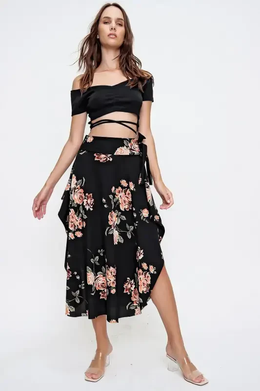 Woman Black Floral Asymmetric Cut Tie Waist Skirt ALC-X6439 - TREND ALAÇATI STILI