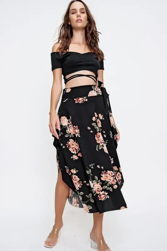 Woman Black Floral Asymmetric Cut Tie Waist Skirt ALC-X6439 - 2
