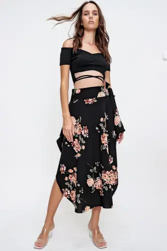 Woman Black Floral Asymmetric Cut Tie Waist Skirt ALC-X6439 - 3