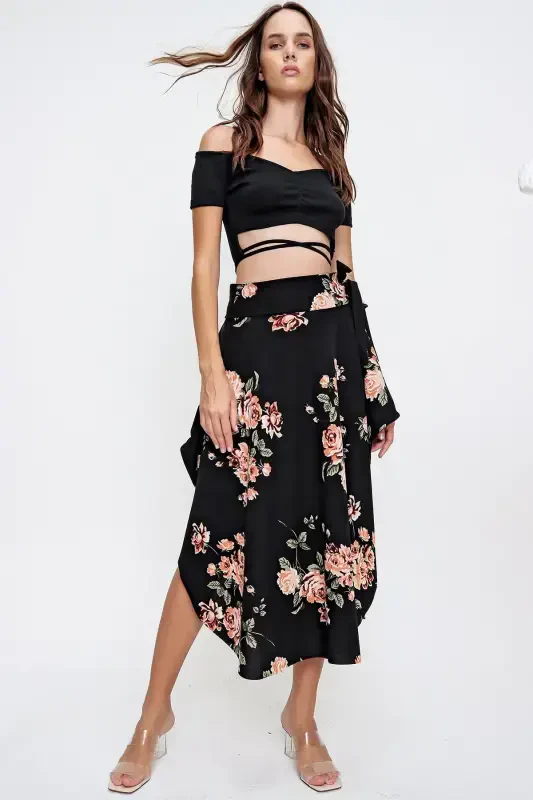 Woman Black Floral Asymmetric Cut Tie Waist Skirt ALC-X6439 - 3