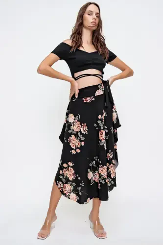 Woman Black Floral Asymmetric Cut Tie Waist Skirt ALC-X6439 - 4