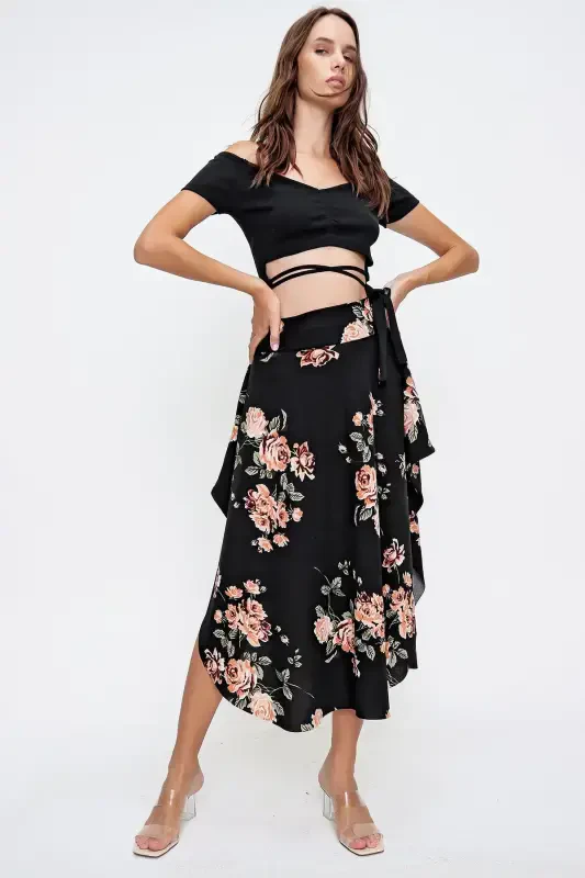Woman Black Floral Asymmetric Cut Tie Waist Skirt ALC-X6439 - 4