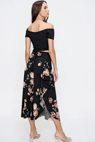 Woman Black Floral Asymmetric Cut Tie Waist Skirt ALC-X6439 - 5