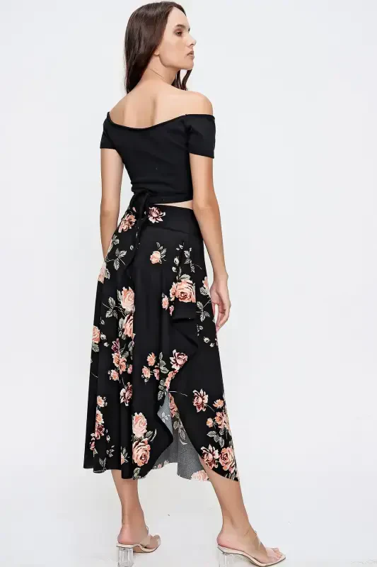 Woman Black Floral Asymmetric Cut Tie Waist Skirt ALC-X6439 - 5