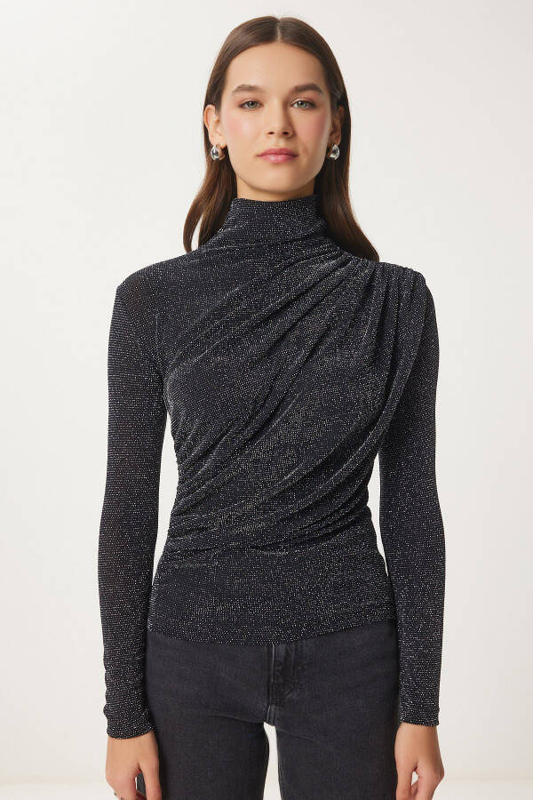 Woman Black Grey Pleated Detail Stand Collar Sandy Blouse FF00135 - 6
