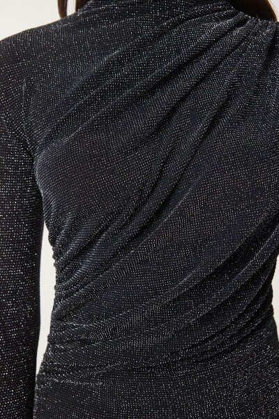 Woman Black Grey Pleated Detail Stand Collar Sandy Blouse FF00135 - 7