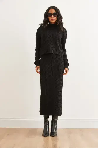 Woman Black Hair Braid Knit Set TKM-19000315-Black - 2