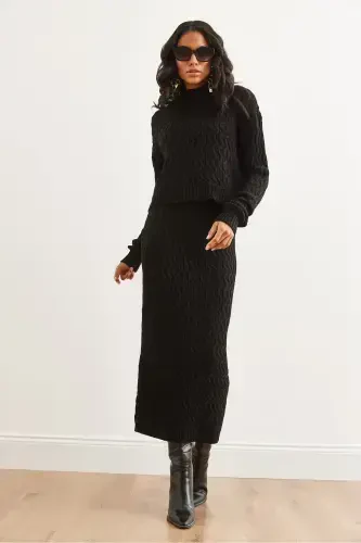 Woman Black Hair Braid Knit Set TKM-19000315-Black - 3