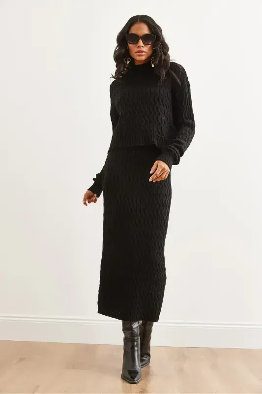 Woman Black Hair Braid Knit Set TKM-19000315-Black - 3