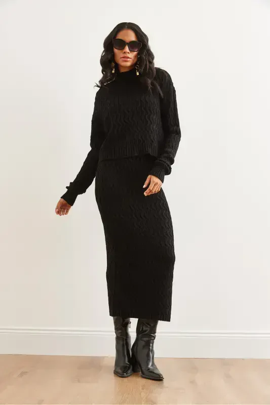 Woman Black Hair Braid Knit Set TKM-19000315-Black - 4