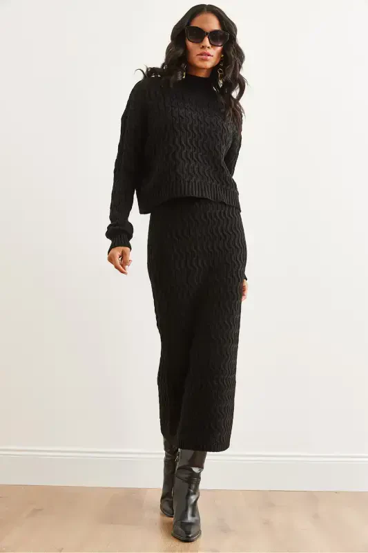 Woman Black Hair Braid Knit Set TKM-19000315-Black - 5