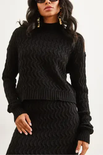 Woman Black Hair Braid Knit Set TKM-19000315-Black - 6