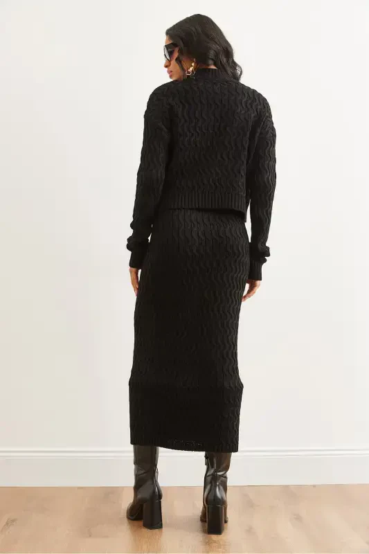 Woman Black Hair Braid Knit Set TKM-19000315-Black - 7