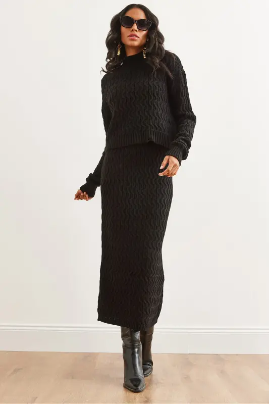 Woman Black Hair Braid Knit Set TKM-19000315-Black - OLALOOK