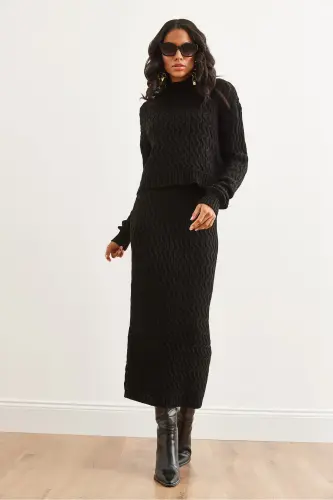 Woman Black Hair Braid Knit Set TKM-19000315-Black - 3
