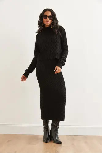 Woman Black Hair Braid Knit Set TKM-19000315-Black - 4