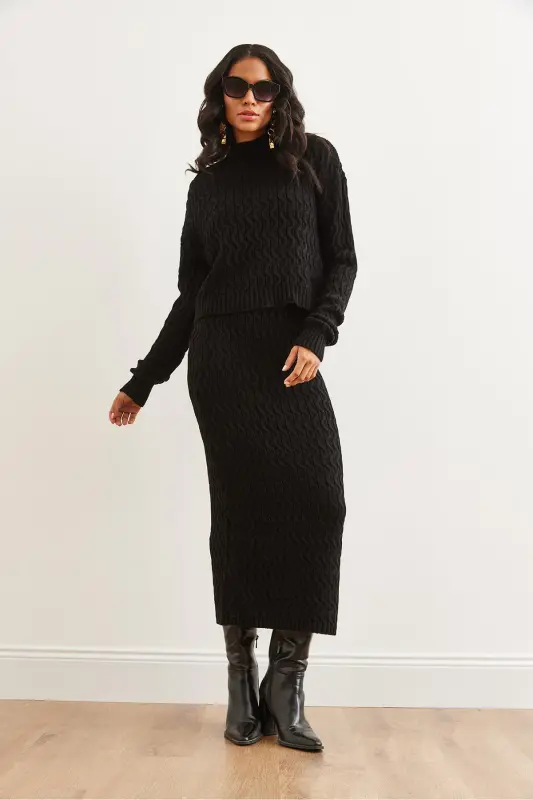 Woman Black Hair Braid Knit Set TKM-19000315-Black - 4