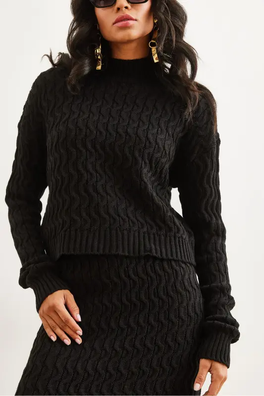 Woman Black Hair Braid Knit Set TKM-19000315-Black - 6