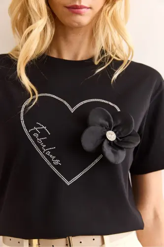 Woman Black Heart Sequin Rose Accessory T-Shirt TSH-1 - 7