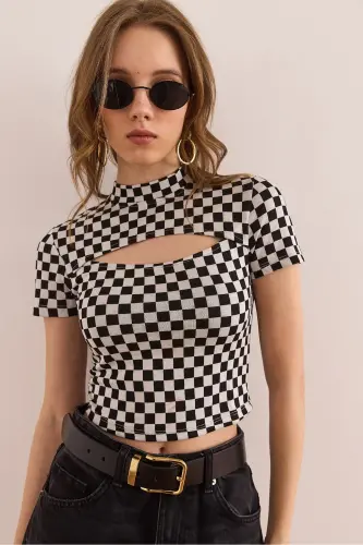Woman Black Kiss Detailed Checkers Interlock Jacquard Blu - 14