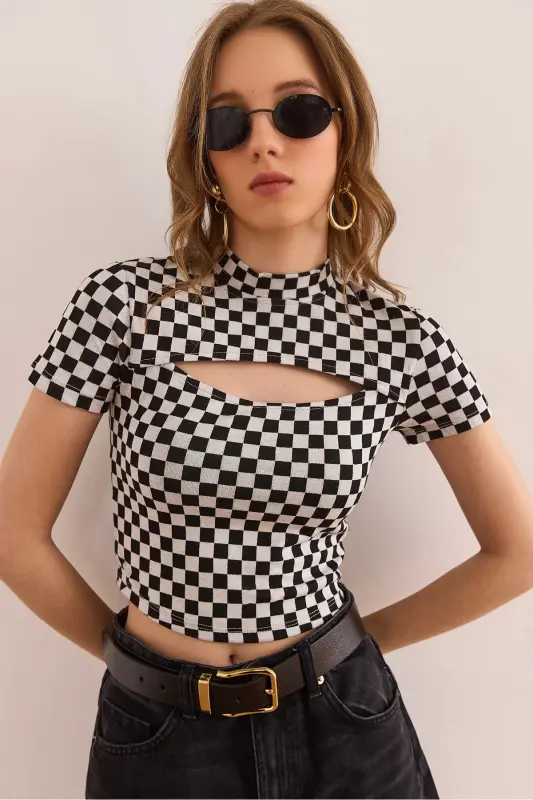 Woman Black Kiss Detailed Checkers Interlock Jacquard Blu - 2