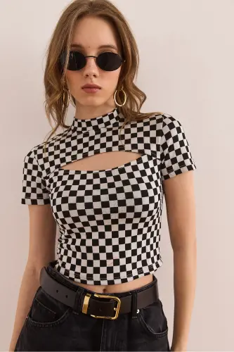 Woman Black Kiss Detailed Checkers Interlock Jacquard Blu - 6