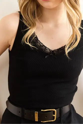 Woman Black Lace Detailed Cotton Tank Top BLZ - 3