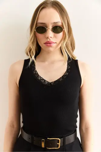 Woman Black Lace Detailed Cotton Tank Top BLZ - 4