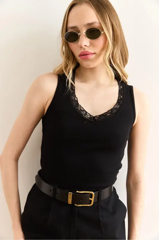 Woman Black Lace Detailed Cotton Tank Top BLZ - 5