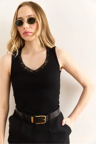 Woman Black Lace Detailed Cotton Tank Top BLZ - 6