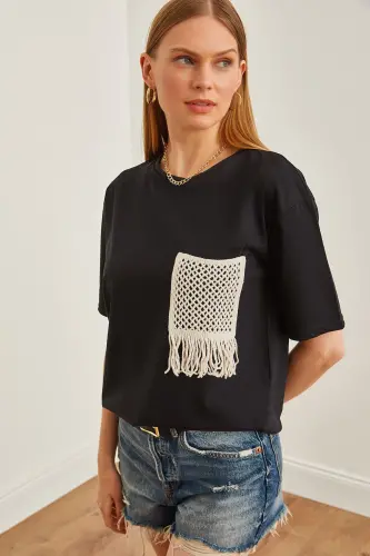 Woman Black Lace Detailed T-Shirt TSH-19000768-Black - 1