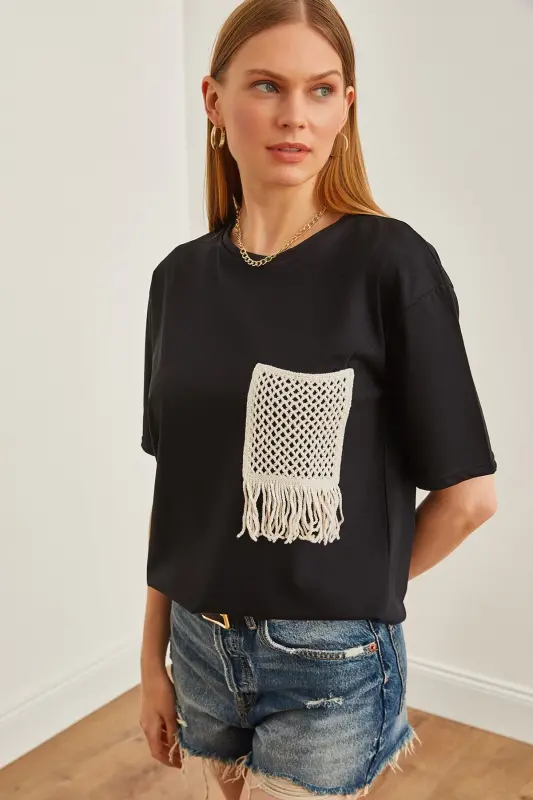 Woman Black Lace Detailed T-Shirt TSH-19000768-Black - 1