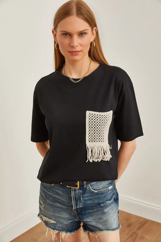 Woman Black Lace Detailed T-Shirt TSH-19000768-Black - 2