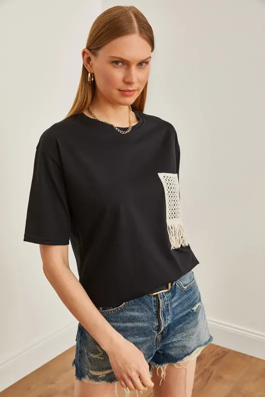 Woman Black Lace Detailed T-Shirt TSH-19000768-Black - 3