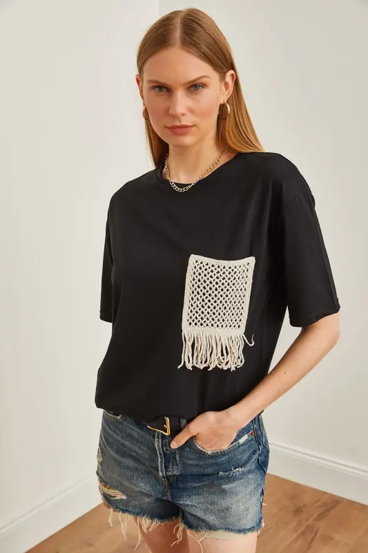 Woman Black Lace Detailed T-Shirt TSH-19000768-Black - 4