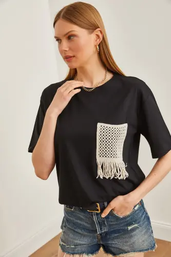 Woman Black Lace Detailed T-Shirt TSH-19000768-Black - 5