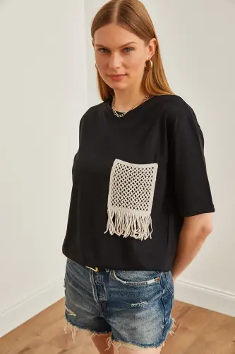Woman Black Lace Detailed T-Shirt TSH-19000768-Black - 6